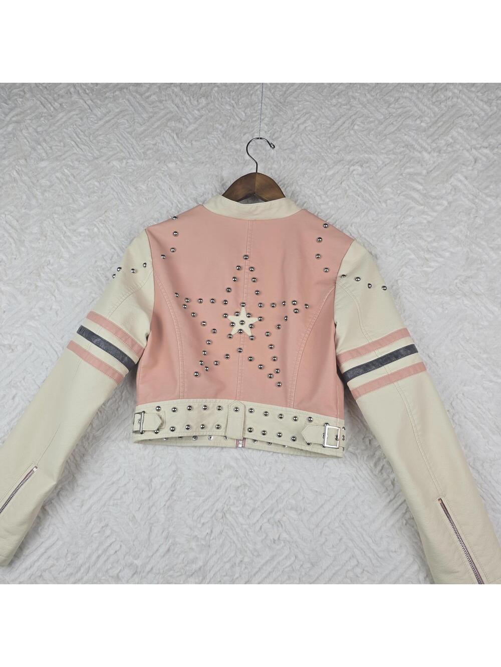 Urban Outfitters Pink Cream Studded Cropped Moto Jacket Women's XS - Picture 4 of 9